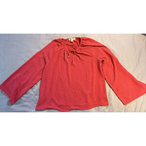 Michael Kors Women's Coral Pink Tie Collar Long Sleeve Top Large